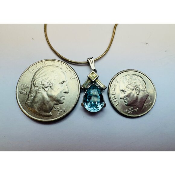 Vintage Estate Sterling Silver 925 Blue Topaz Pendant Necklace 17” Spring Ring, - Picture 6 of 10